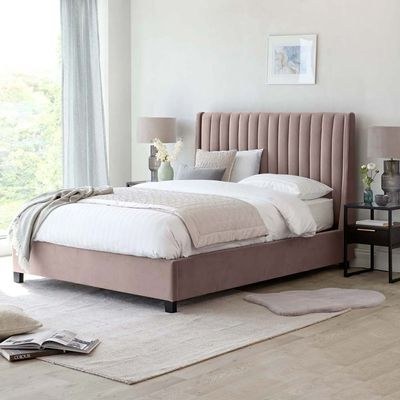 Bella Wingbed Queen Bed Frame 160x200cm- Pink-Elegant Upholstered Bed with Channel Tufted-Modern Design with Padded Headboard-Sturdy Base-Soft Fabric Finish-Ideal for Bedrooms & Villas - Image 2