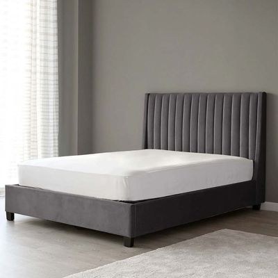 Bella Wingbed Queen Bed Frame 160x200cm-Dark Grey-Elegant Upholstered Bed with Channel Tufted-Modern Design with Padded Headboard-Sturdy Base-Soft Fabric Finish-Ideal for Bedrooms & Villas