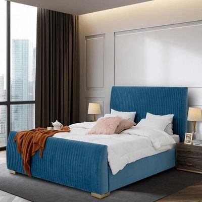 Harmony Plate Tufted Single Bed Frame 120x200cm-Blue-Elegant Upholstered Bed with Channel Tufted-Modern Design with Padded Headboard-Sturdy Base-Soft Fabric Finish-Ideal for Bedrooms & Villas