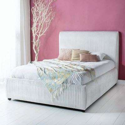 Hazel Pleated Velvet Super King Bed Frame 200x200cm-White-Elegant Upholstered Bed with Tufted pleats-Modern Design with Padded Headboard-Sturdy Base-Soft Fabric Finish-Ideal for Bedrooms & Villas