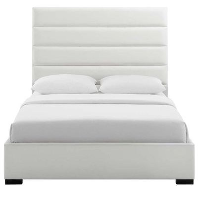 Makan Faux Leather Platform King Bed Frame 180x200cm-White-Elegant Upholstered Bed with Channel Tufted-Modern Design with Padded Headboard-Sturdy Base-Faux Leather Finish-Ideal for Bedrooms & Villas