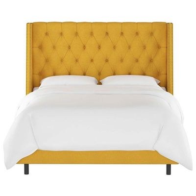 Skyline Wingback King Bed Frame Standard Size-Yellow-Elegant Upholstered Bed with Button Tufted-Modern Design with Wingback Headboard-Sturdy Base-Soft Fabric Finish-Ideal for Bedrooms & Villas