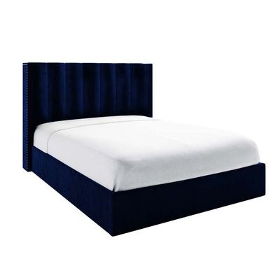 Maddoo Wing Back Queen Bed Frame 160x200cm-Navy Blue-Elegant Upholstered Bed with Channel Tufted-Modern Design with Wingback Headboard-Sturdy Base-Soft Fabric Finish-Ideal for Bedrooms & Villas