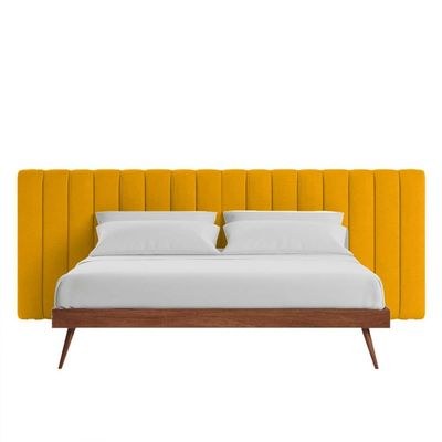 Megane Channel Tufted Queen Bed Frame 160x200cm-Yellow-Elegant Upholstered Bed with Channel Tufted-Modern Design with Wide Headboard-Sturdy Base-Soft Fabric Finish-Ideal for Bedrooms & Villas