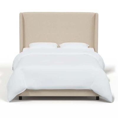 Goodrich Velvet Upholstered Single Bed Frame 120x200cm-Beige-Elegant Upholstered Bed with Plain Headboard-Modern Design with Wingback Headboard-Sturdy Base-Soft Fabric Finish-Ideal for Bedrooms & Villas