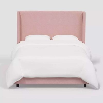 Goodrich Velvet Upholstered Single Bed Frame 120x200cm-Pink-Elegant Upholstered Bed with Plain Headboard-Modern Design with Wingback Headboard-Sturdy Base-Soft Fabric Finish-Ideal for Bedrooms & Villas