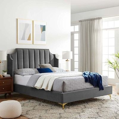 Daniella Channel Tufted Queen Bed Frame 160x200cm-Dark Grey-Elegant Upholstered Bed with Vertical Stitch Headboard-Modern Design with Soft Fabric Finish-Sturdy Base-Perfect for Contemporary Bedrooms & Villas