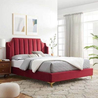 Daniella Channel Tufted King Bed Frame 180x200cm-Red-Elegant Upholstered Bed with Vertical Stitch Headboard-Modern Design with Soft Fabric Finish-Sturdy Base-Perfect for Contemporary Bedrooms & Villas
