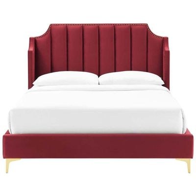 Daniella Channel Tufted King Bed Frame 180x200cm-Red-Elegant Upholstered Bed with Vertical Stitch Headboard-Modern Design with Soft Fabric Finish-Sturdy Base-Perfect for Contemporary Bedrooms & Villas - Image 3