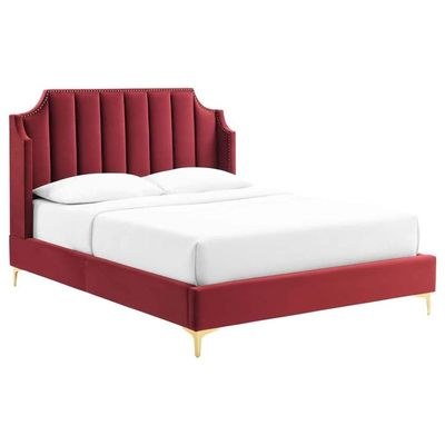 Daniella Channel Tufted King Bed Frame 180x200cm-Red-Elegant Upholstered Bed with Vertical Stitch Headboard-Modern Design with Soft Fabric Finish-Sturdy Base-Perfect for Contemporary Bedrooms & Villas - Image 4