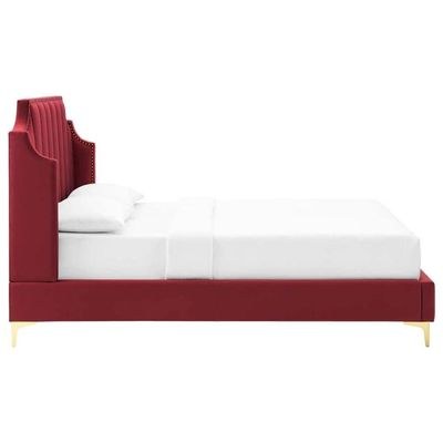 Daniella Channel Tufted King Bed Frame 180x200cm-Red-Elegant Upholstered Bed with Vertical Stitch Headboard-Modern Design with Soft Fabric Finish-Sturdy Base-Perfect for Contemporary Bedrooms & Villas - Image 5
