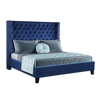Purkey Upholstered King Bed Frame 180x200cm-Navy Blue-Elegant Upholstered Bed with Button Tufted-Modern Design with Wingback Headboard-Sturdy Base-Soft Fabric Finish-Ideal for Bedrooms & Villas