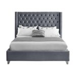 Aiden Velvet Super King Bed Frame 200x200cm-Grey-Elegant Upholstered Bed with Button Tufted-Modern Design with Wing Headboard-Sturdy Base-Soft Fabric Finish-Ideal for Bedrooms & Villas