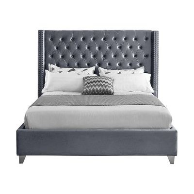 Aiden Velvet Super King Bed Frame 200x200cm-Grey-Elegant Upholstered Bed with Button Tufted-Modern Design with Wing Headboard-Sturdy Base-Soft Fabric Finish-Ideal for Bedrooms & Villas