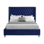 Aiden Velvet King Bed Frame 180x200cm-Navy Blue-Elegant Upholstered Bed with Button Tufted-Modern Design with Wing Headboard-Sturdy Base-Soft Fabric Finish-Ideal for Bedrooms & Villas