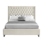 Aiden Velvet King Bed Frame 180x200cm-Beige-Elegant Upholstered Bed with Button Tufted-Modern Design with Wing Headboard-Sturdy Base-Soft Fabric Finish-Ideal for Bedrooms & Villas