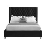 Aiden Velvet King Bed Frame 180x200cm-Black-Elegant Upholstered Bed with Button Tufted-Modern Design with Wing Headboard-Sturdy Base-Soft Fabric Finish-Ideal for Bedrooms & Villas