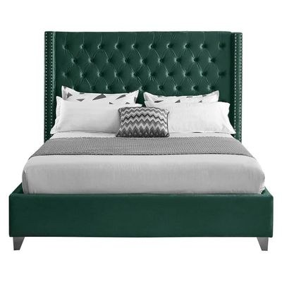 Aiden Velvet King Bed Frame 180x200cm-Green-Elegant Upholstered Bed with Button Tufted-Modern Design with Wing Headboard-Sturdy Base-Soft Fabric Finish-Ideal for Bedrooms & Villas