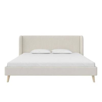 Holly Upholstered Platform King Bed Frame 180x200cm-Beige-Modern Low-Profile Bed with Padded Headboard-Elegant Fabric Upholstery-Sturdy Base Support-Minimalist Design for Contemporary Bedrooms & Apartments - Image 3