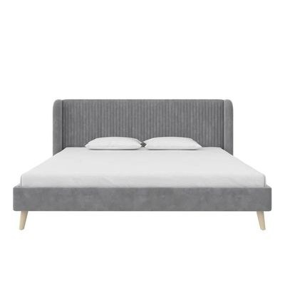 Holly Upholstered Platform King Bed Frame 180x200cm-Grey-Modern Low-Profile Bed with Padded Headboard-Elegant Fabric Upholstery-Sturdy Base Support-Minimalist Design for Contemporary Bedrooms & Apartments