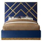 Wayfair Velvet Queen Bed Frame 160x200cm-Navy Blue-Elegant Upholstered Bed with Channel Tufted-Modern Design with Padded Headboard-Gold Metal Strip -Sturdy Base-Soft Fabric Finish-Ideal for Bedrooms & Villas