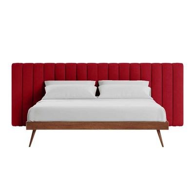 Megane Channel Tufted Single Bed Frame 100x200cm-Red-Elegant Upholstered Bed with Channel Tufted-Modern Design with Wide Headboard-Sturdy Base-Soft Fabric Finish-Ideal for Bedrooms & Villas