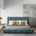 Alto Square Upholstered Single Bed Frame 120x200cm-Blue-Elegant Upholstered Bed with Squaring-Modern Design with Padded Headboard-Sturdy Base-Soft Fabric Finish-Ideal for Bedrooms & Villas