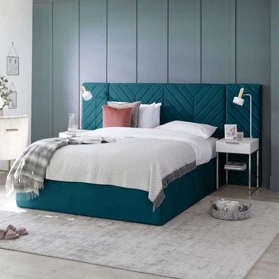 Prime Wall Panel Headboard Single Bed Frame 100x200cm-Blue-Elegant Upholstered Bed with Vertical Stitching-Modern Design with Extended Headboard-Sturdy Base-Soft Fabric Finish-Ideal for Bedrooms & Villas - Image 3
