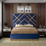 Wayfair Velvet Super King Bed Frame 200x200cm-Navy Blue-Elegant Upholstered Bed with Channel Tufted-Modern Design with Padded Headboard-Gold Metal Strip -Sturdy Base-Soft Fabric Finish-Ideal for Bedrooms & Villas
