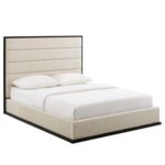 Ashwood Linen Upholstered Platform King Bed Frame 180x200cm-Beige-Elegant Upholstered Bed with Channel Tufted-Modern Design with Padded Headboard-Sturdy Base-Soft Fabric Finish-Ideal for Bedrooms & Villas