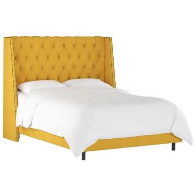 Skyline Wingback Single Bed Frame 100x200cm-Yellow-Elegant Upholstered Bed with Button Tufted-Modern Design with Wingback Headboard-Sturdy Base-Soft Fabric Finish-Ideal for Bedrooms & Villas - Image 5