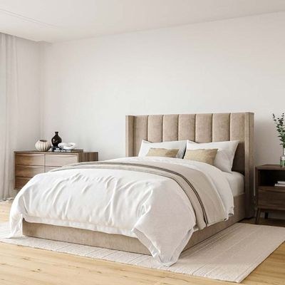 Maddoo Wing Back Super King Bed Frame 200x200cm-Beige-Elegant Upholstered Bed with Channel Tufted-Modern Design with Wingback Headboard-Sturdy Base-Soft Fabric Finish-Ideal for Bedrooms & Villas - Image 2