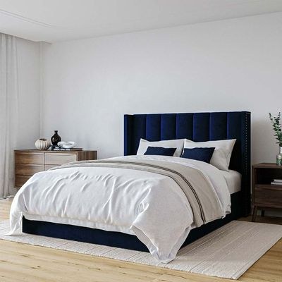 Maddoo Wing Back Super King Bed Frame 200x200cm-Navy Blue-Elegant Upholstered Bed with Channel Tufted-Modern Design with Wingback Headboard-Sturdy Base-Soft Fabric Finish-Ideal for Bedrooms & Villas - Image 2
