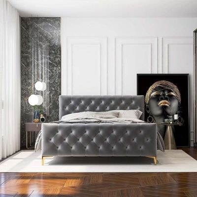Alaysia Stitched Tufted Velvet Upholstery 160X200 Queen Bed -Grey - Image 3
