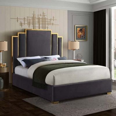 Harlen Velvet Queen Bed Frame 160x200cm-Charcoal-Elegant Upholstered Bed with Gold Metal Frame headboard-Modern Design-Sturdy Base-Soft Fabric Finish-Ideal for Bedrooms & Villas - Image 2