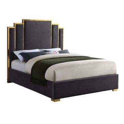 Harlen Velvet Queen Bed Frame 160x200cm-Charcoal-Elegant Upholstered Bed with Gold Metal Frame headboard-Modern Design-Sturdy Base-Soft Fabric Finish-Ideal for Bedrooms & Villas - Image 3