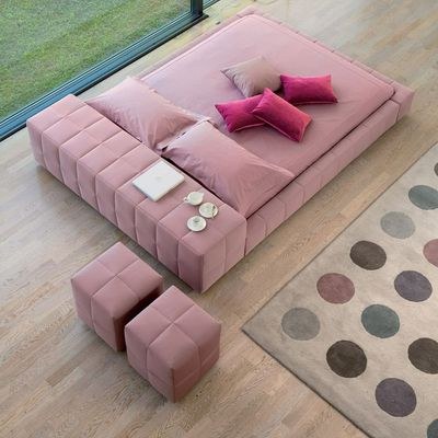 Basso Square Upholstered Single Bed Frame 100x200cm-Pink-Elegant Upholstered Bed with Squaring-Modern Design with Low Headboard-Sturdy Base-Soft Fabric Finish-Ideal for Bedrooms & Villas