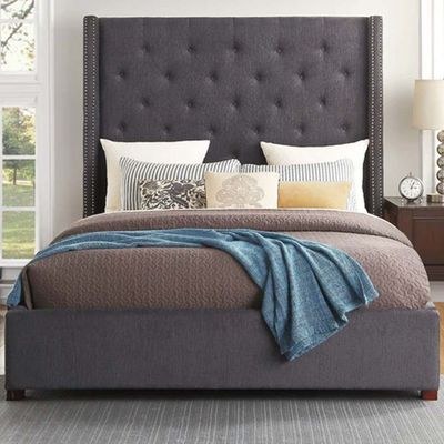 Radisson Super King Bed with Storage Bed Frame 200x200cm-Charcoal -Elegant Upholstered Bed with Button Tufted-Modern Design with Padded Headboard-Sturdy Base-Soft Fabric Finish-Ideal for Bedrooms & Villas