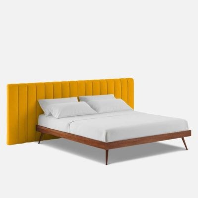 Megane Channel Tufted Super King Bed Frame 200x200cm-Yellow-Elegant Upholstered Bed with Channel Tufted-Modern Design with Wide Headboard-Sturdy Base-Soft Fabric Finish-Ideal for Bedrooms & Villas - Image 3