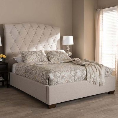 Shannon Upholstered Platform Super King Bed Frame 200x200cm-Beige-Elegant Upholstered Bed with Tufting-Modern Design with Padded Headboard-Sturdy Base-Soft Fabric Finish-Ideal for Bedrooms & Villas - Image 2