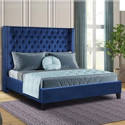 Purkey Upholstered Super King Bed Frame 200x200cm-Navy Blue-Elegant Upholstered Bed with Button Tufted-Modern Design with Wingback Headboard-Sturdy Base-Soft Fabric Finish-Ideal for Bedrooms & Villas - Image 2