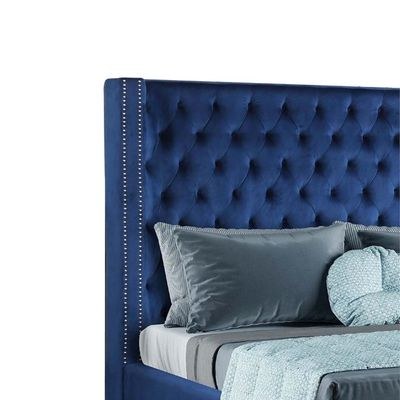 Purkey Upholstered Super King Bed Frame 200x200cm-Navy Blue-Elegant Upholstered Bed with Button Tufted-Modern Design with Wingback Headboard-Sturdy Base-Soft Fabric Finish-Ideal for Bedrooms & Villas - Image 3