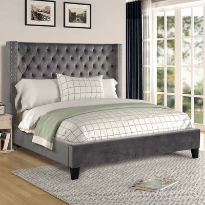Purkey Upholstered Super King Bed Frame 200x200cm-Dark Grey-Elegant Upholstered Bed with Button Tufted-Modern Design with Wingback Headboard-Sturdy Base-Soft Fabric Finish-Ideal for Bedrooms & Villas - Image 2