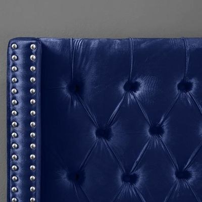 Aiden Velvet Queen Bed Frame 160x200cm-Navy Blue-Elegant Upholstered Bed with Button Tufted-Modern Design with Wing Headboard-Sturdy Base-Soft Fabric Finish-Ideal for Bedrooms & Villas - Image 5