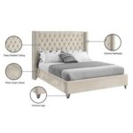 Aiden Velvet Super King Bed Frame 200x200cm-Beige-Elegant Upholstered Bed with Button Tufted-Modern Design with Wing Headboard-Sturdy Base-Soft Fabric Finish-Ideal for Bedrooms & Villas