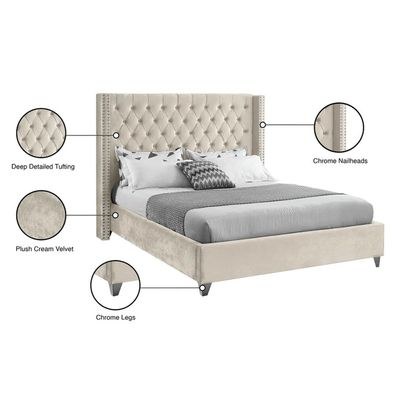 Aiden Velvet Super King Bed Frame 200x200cm-Beige-Elegant Upholstered Bed with Button Tufted-Modern Design with Wing Headboard-Sturdy Base-Soft Fabric Finish-Ideal for Bedrooms & Villas - Image 5