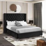 Aiden Velvet Queen Bed Frame 160x200cm-Black-Elegant Upholstered Bed with Button Tufted-Modern Design with Wing Headboard-Sturdy Base-Soft Fabric Finish-Ideal for Bedrooms & Villas