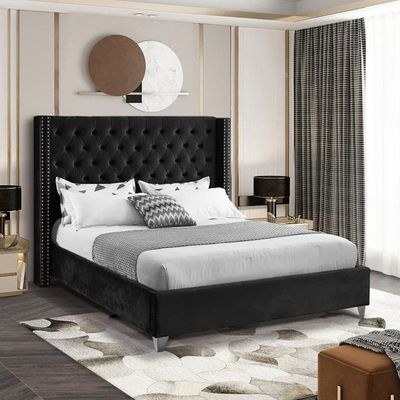 Aiden Velvet Queen Bed Frame 160x200cm-Black-Elegant Upholstered Bed with Button Tufted-Modern Design with Wing Headboard-Sturdy Base-Soft Fabric Finish-Ideal for Bedrooms & Villas