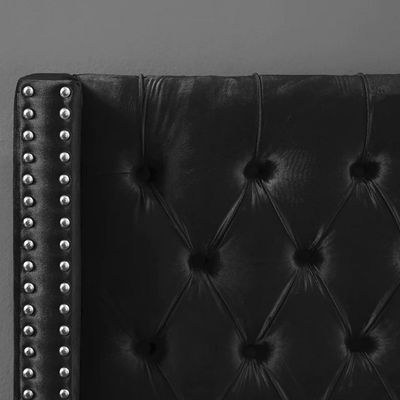 Aiden Velvet Super King Bed Frame 200x200cm-Black-Elegant Upholstered Bed with Button Tufted-Modern Design with Wing Headboard-Sturdy Base-Soft Fabric Finish-Ideal for Bedrooms & Villas - Image 4