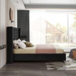 Aiden Velvet Super King Bed Frame 200x200cm-Black-Elegant Upholstered Bed with Button Tufted-Modern Design with Wing Headboard-Sturdy Base-Soft Fabric Finish-Ideal for Bedrooms & Villas